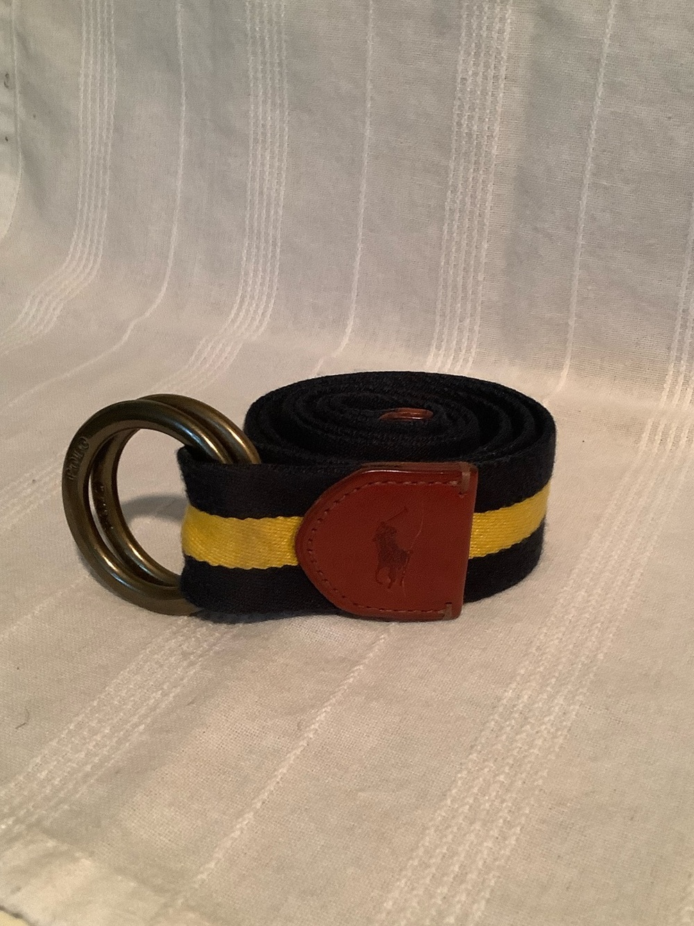 Vintage Polo by Ralph Lauren Navy and Yellow Striped Canvas Belt w Leather Tab